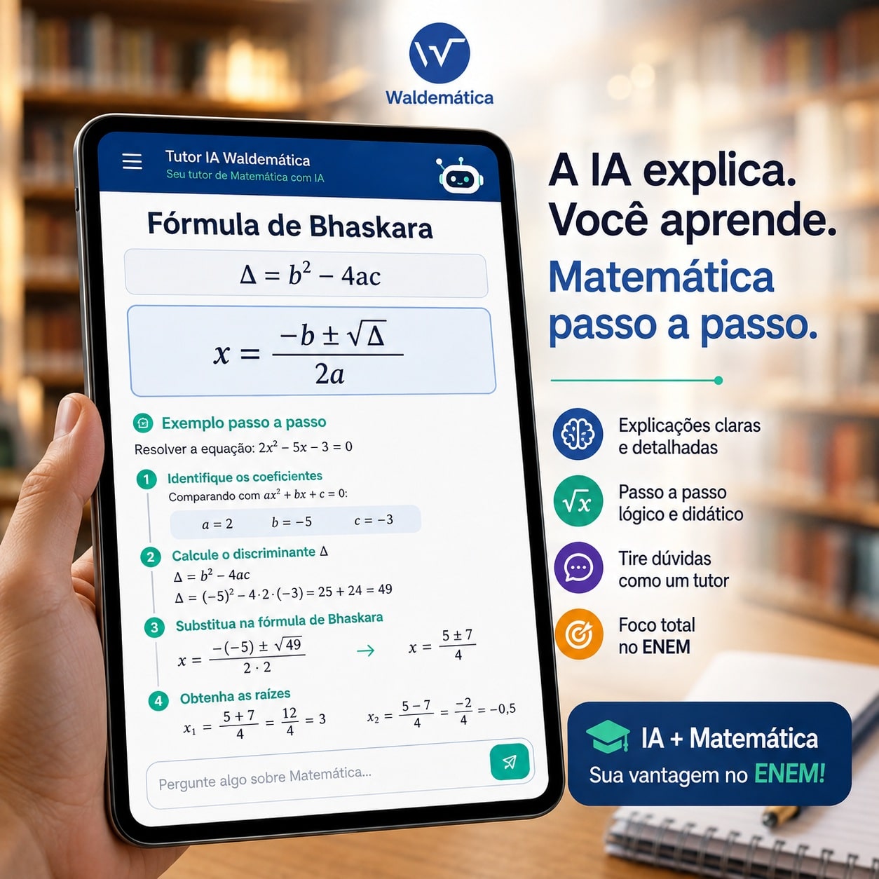 Inteligência artificial no ENEM ajudando a resolver problemas de matemática passo a passo.