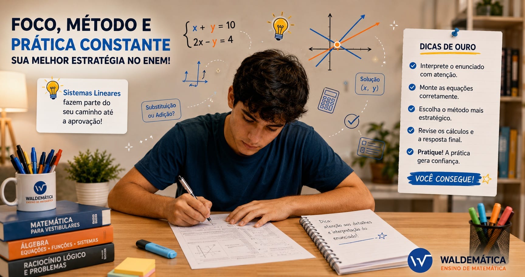 Ilustração de um estudante focado resolvendo questões de matemática para o vestibular.