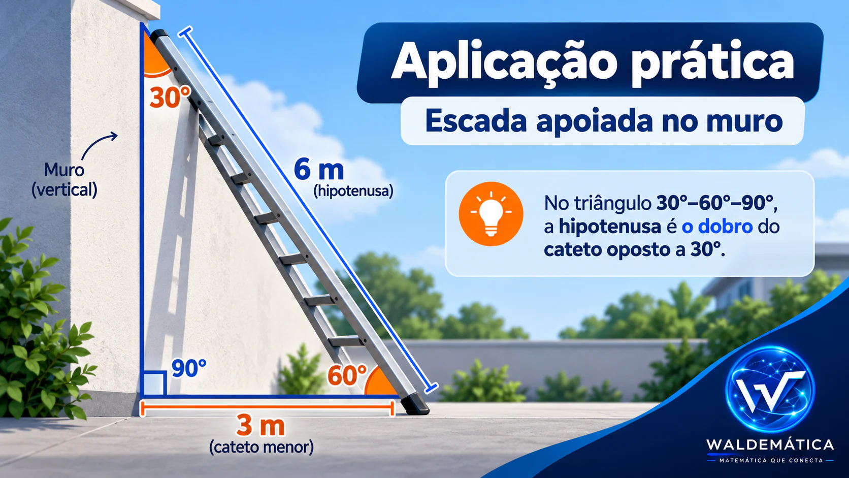 Desenho de uma escada apoiada em um muro formando um ângulo de 60 graus com o chão, representando um triângulo retângulo.