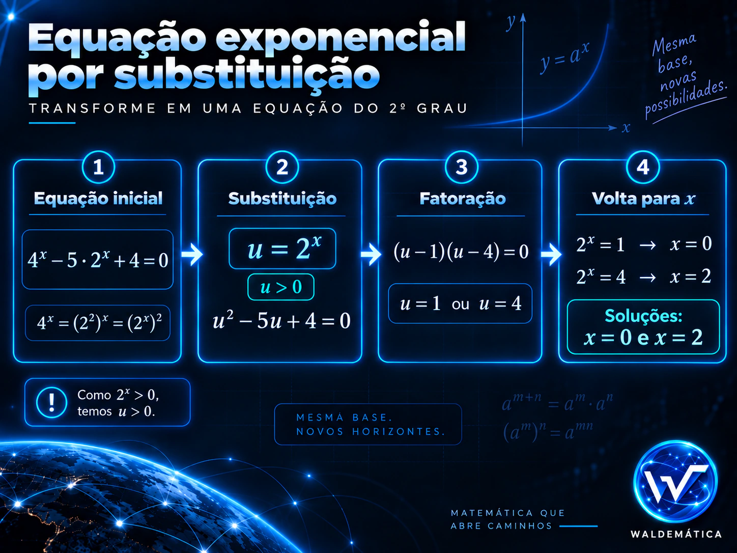 Equação exponencial resolvida por substituição e fatoração.