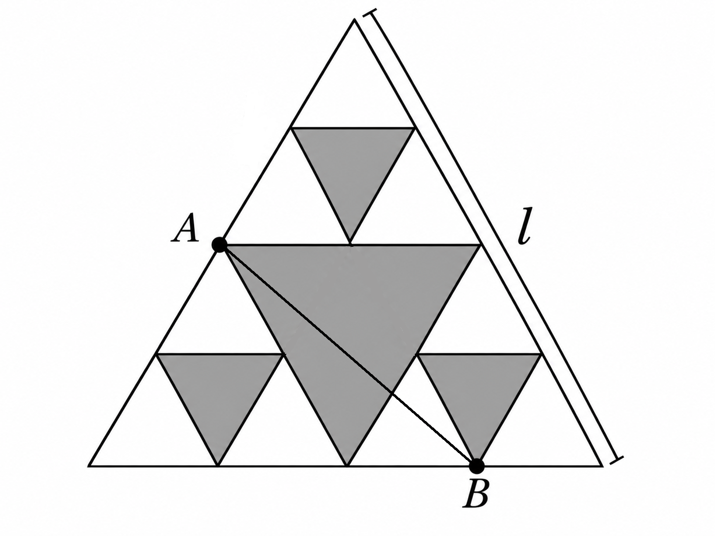 Triângulo de Sierpinski de lado ℓ, com A no ponto médio do lado esquerdo, B na base e quatro triângulos cinza.