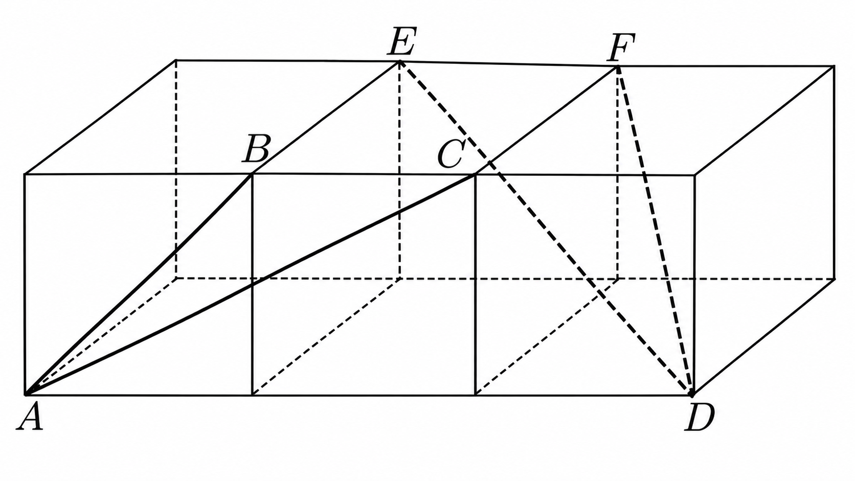 Três cubos unitários justapostos com pontos A, B, C, D, E e F e os segmentos indicados no desenho em perspectiva.