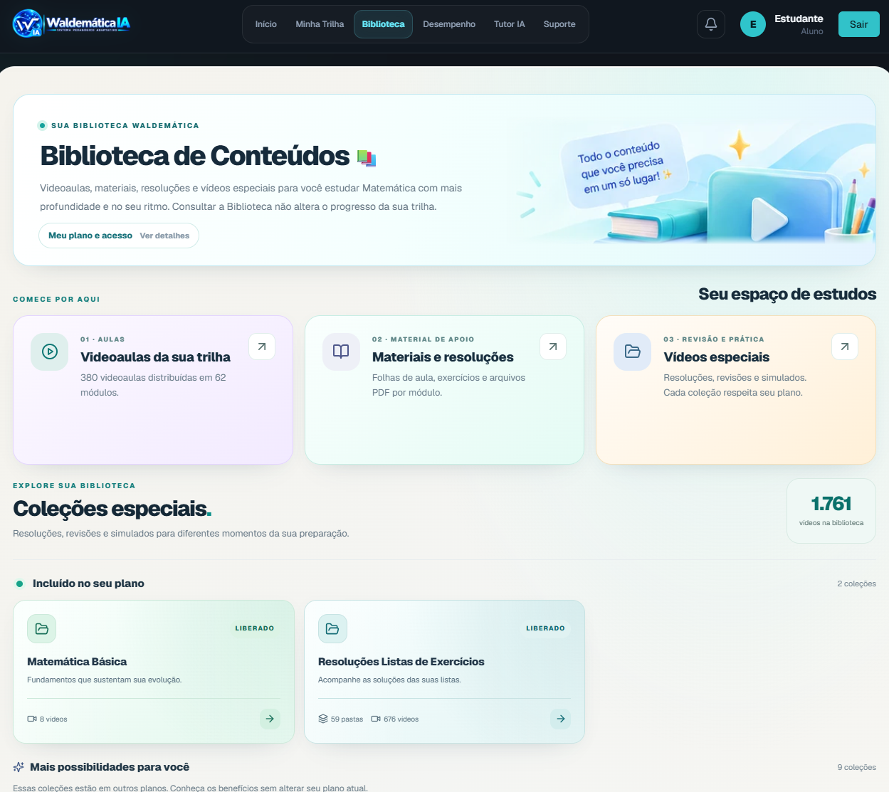 Tela real da Biblioteca de Conteúdos com atalhos para videoaulas, materiais e resoluções, vídeos especiais e coleções incluídas no plano.