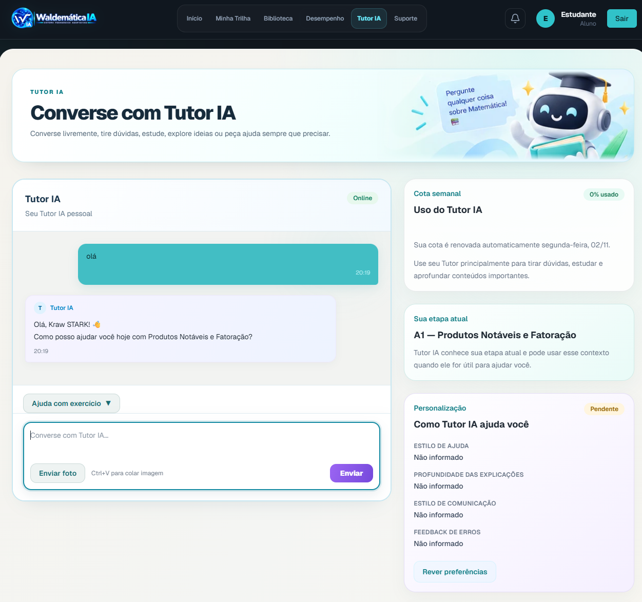Tela real do Tutor IA com conversa demonstrativa, opção de envio de foto, módulo atual e painel de preferências de personalização.