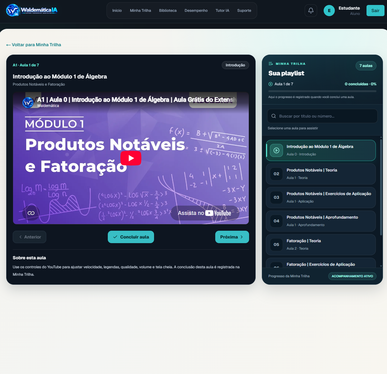 Tela real de videoaula de Produtos Notáveis e Fatoração, com player, playlist de sete aulas e controles para concluir e avançar.